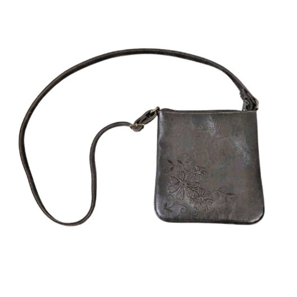 Joe Boxer Crossbody Bag Brown Embroidered Floral Faux Leather Adjustable Strap‎